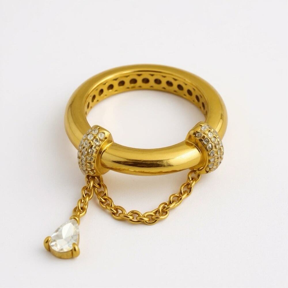 Art Deco Chain Gold Ring Sz 6 Charm Teardrop Crystal CZ Boho Pave Statement Boho